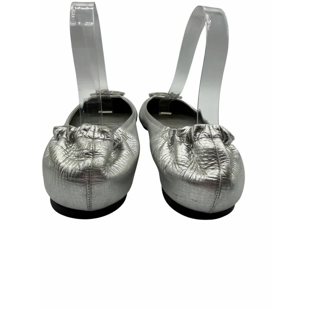 Tory Burch Reva Flats Silver Metallic Leather Logo Medallion Shoes Size 10 Y2K